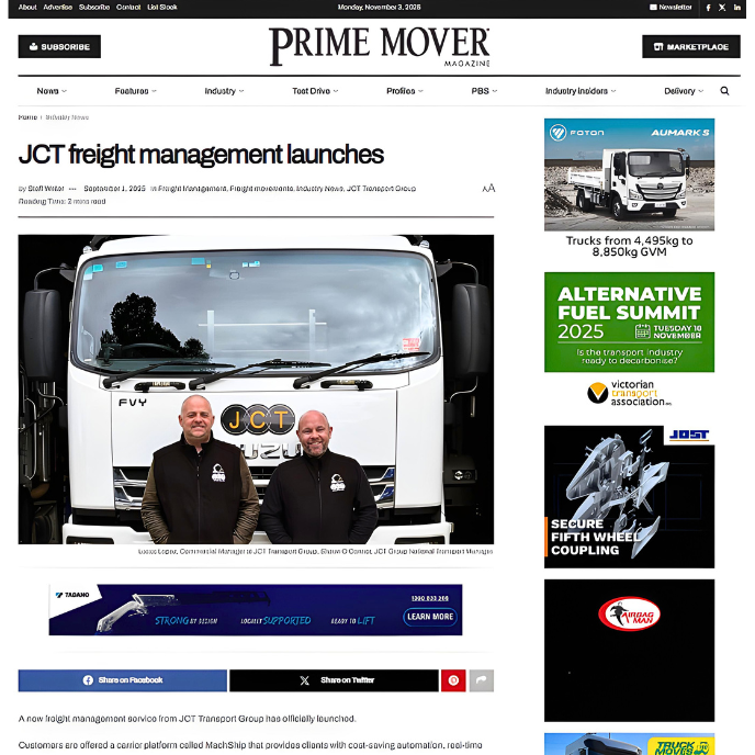 Prime Mover Magazine announce launch of JCT Freight Management